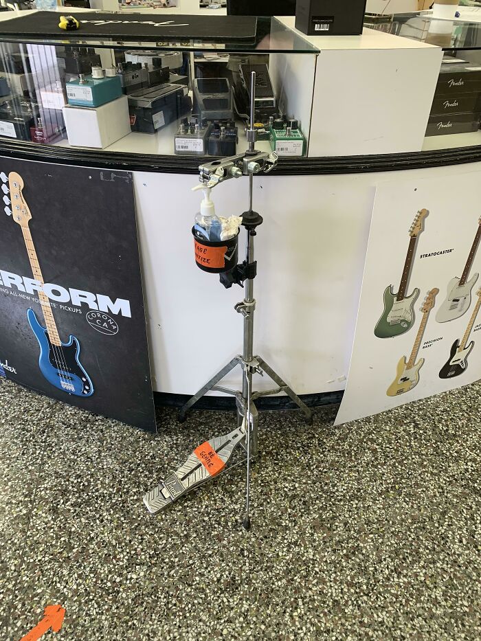 A Drum Pedal Was Repurposed To Provide A Zero-Contact Hand Sanitizer Station