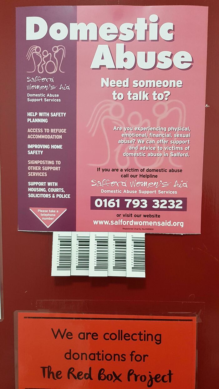 The Tear Offs On This Poster For Domestic Abuse Have The Phone Number Disguised As A Bar Code
