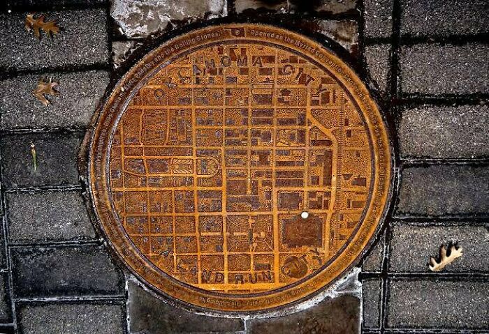 This Is Exactly What Makes Good Design! Oklahoma Manhole Covers Have A City Map On It With A White Dot Showing Where In The City You Are