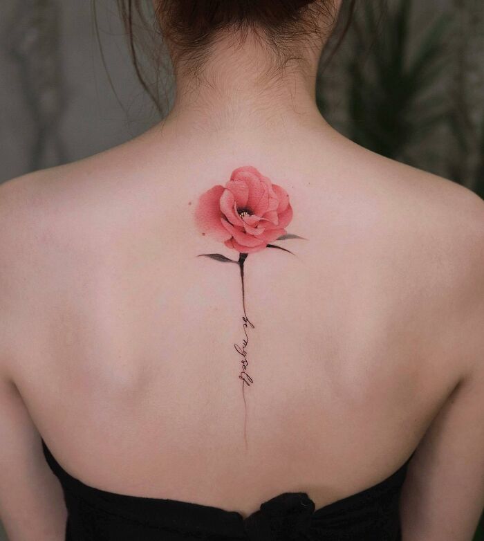 Red rose and lettering tattoo on woman's spine