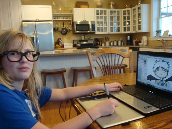 Me, Age 12, Drawing Supernatural Fanart For Tumblr In My Doctor Who T-Shirt Wearing 3D Glasses With The Lenses Popped Out. I Think I Was Going For A "Cute Nerd" Look...ended Up A Bit More "Austin Powers"