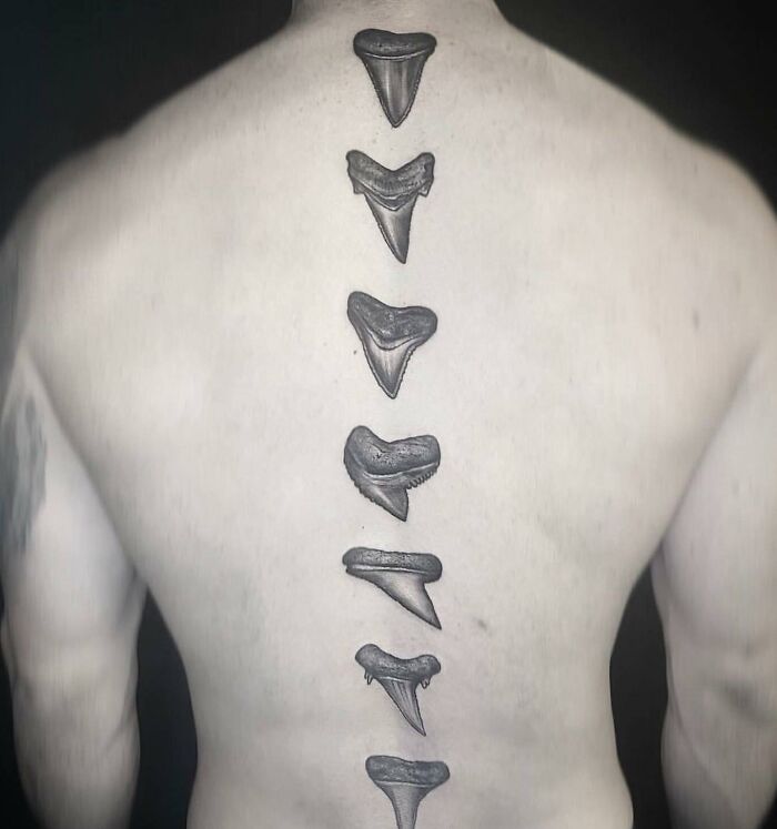 Vertically arranged shark teeths spine tattoo