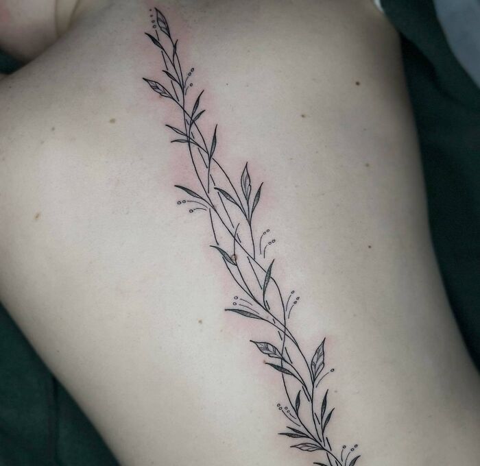 Delicate leafy spine tattoo design illustrating intricate ink art.