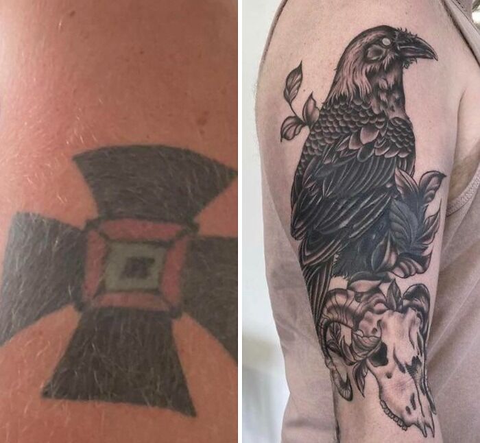 Large Scale Blackwork Cover Up Client Was Relieved To Have This Old Image Gone