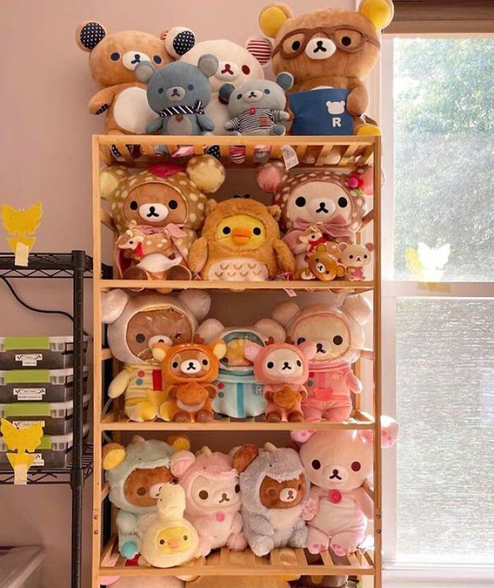Wooden tall shelf with many colorful soft toys in it