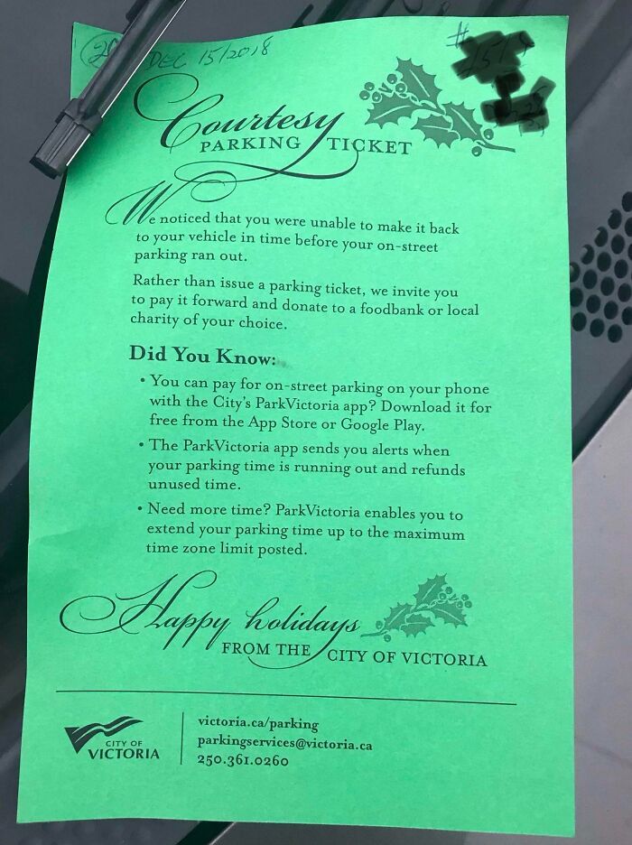 Rather Than Issuing Parking Fines This Holiday Season, My City's Parking Inspectors Are Leaving Notes Asking People To Donate To A Food Bank Or Local Charity