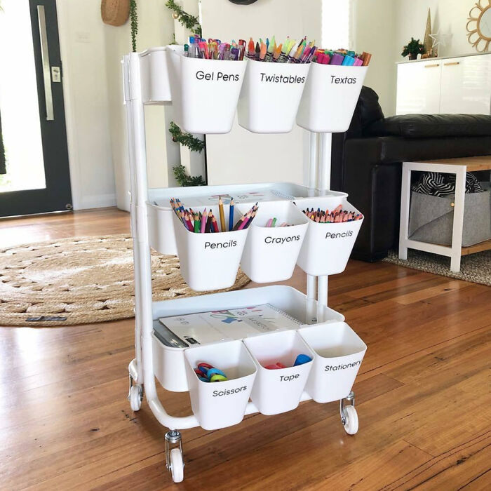 The Art Cart. A Simple Trolley With Hanging Containers Filled With My Children's Favorite Art And Craft Supplies