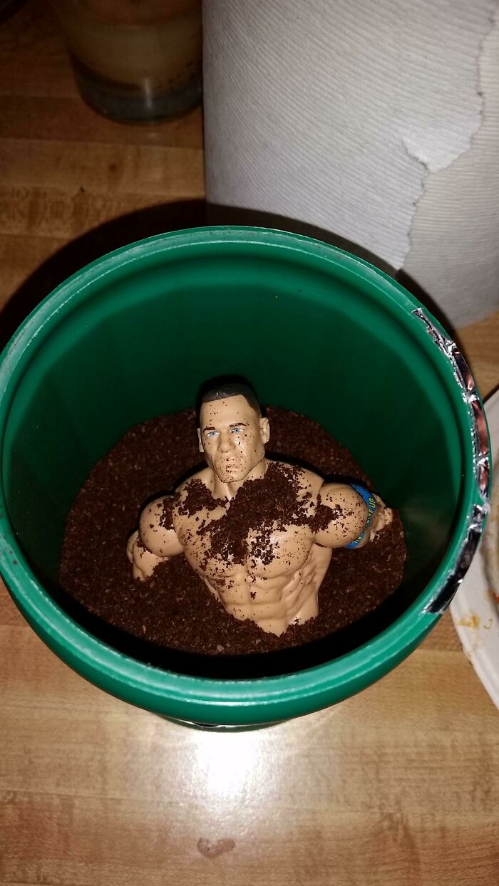 My Roommates And I Play A Game Where We Hide A John Cena Action Figure Around The House. He Went Missing For A Week Until Today