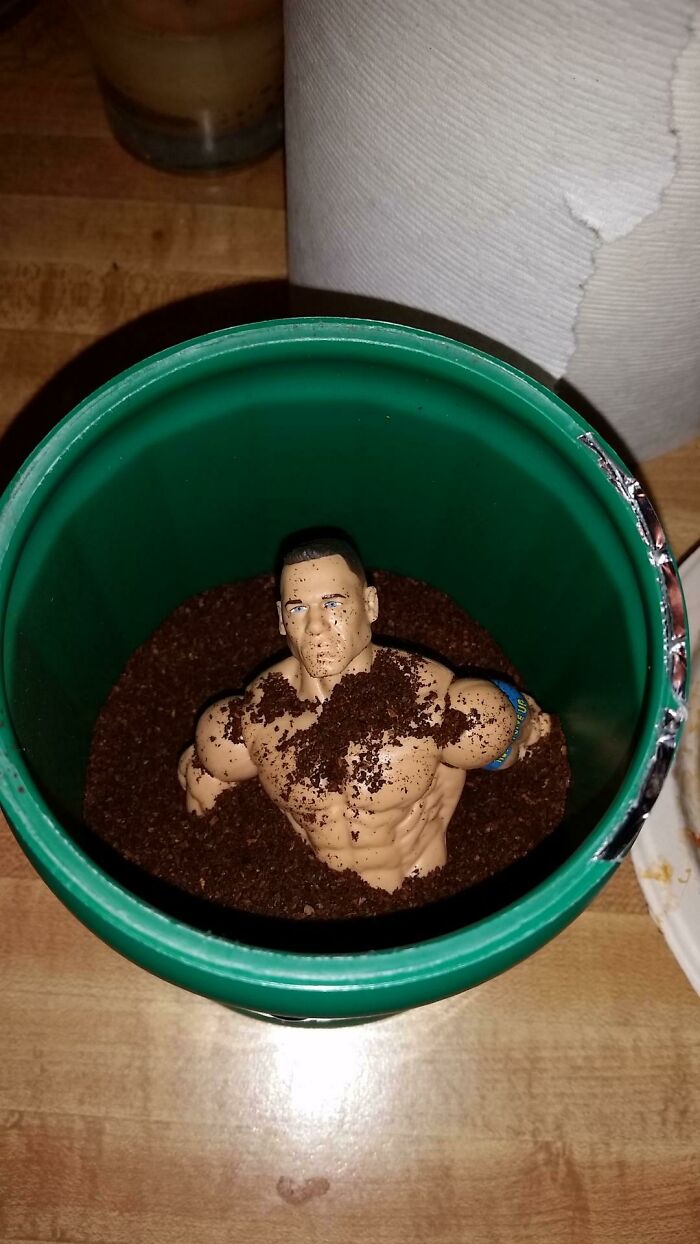 Mis compañeros y yo jugamos a esconder a John Cena por la casa. Hoy lo encontré tras una semana desaparecido