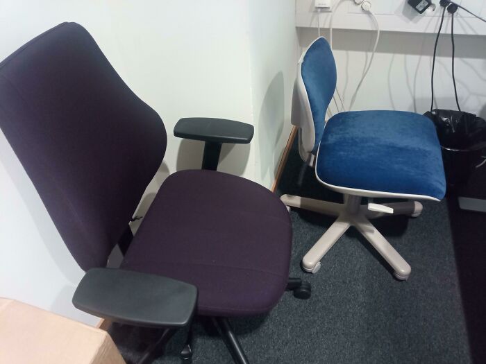 My Coworker "Brags" That Her Chair (Blue) Is +20 Years Old, While At The Same Time, Multiple Times A Month, She Need To Take Sick Leave Because Of Back Pains And She Refuses To Take New Chair Even Thought We Have New Chairs