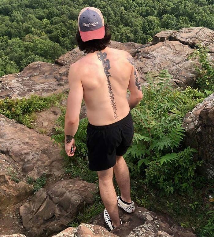 Man with intricate spine tattoo stands on a rocky cliff, overlooking a lush green forest.