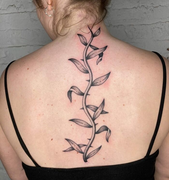 Intricate vine spine tattoo on back with black ink design, showcasing detailed leaves.