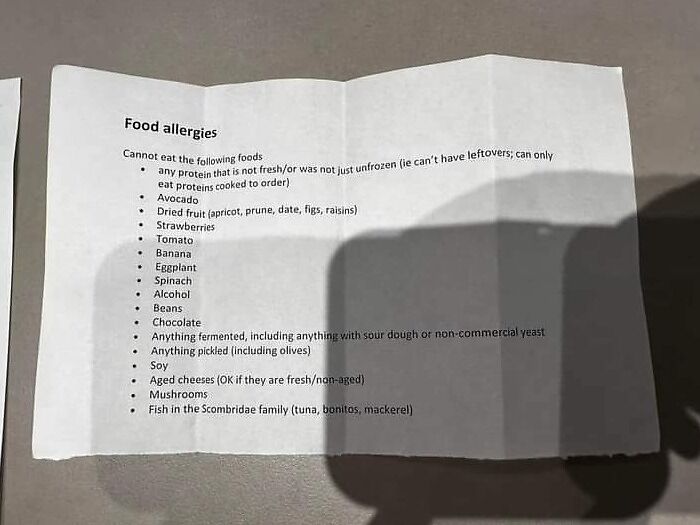 Customer Came Into The Restaurant And Gave The Waiters This Allergy List