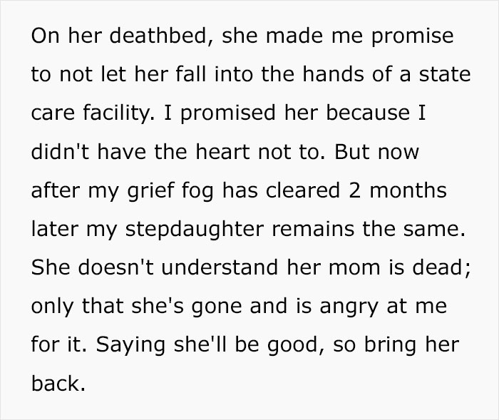 “AITA For Breaking My Deathbed Promise To My Wife To Take Care Of Her Down's Syndrome Daughter?” “AITA For Breaking My Deathbed Promise To My Wife To Take Care Of Her Down's Syndrome Daughter?”