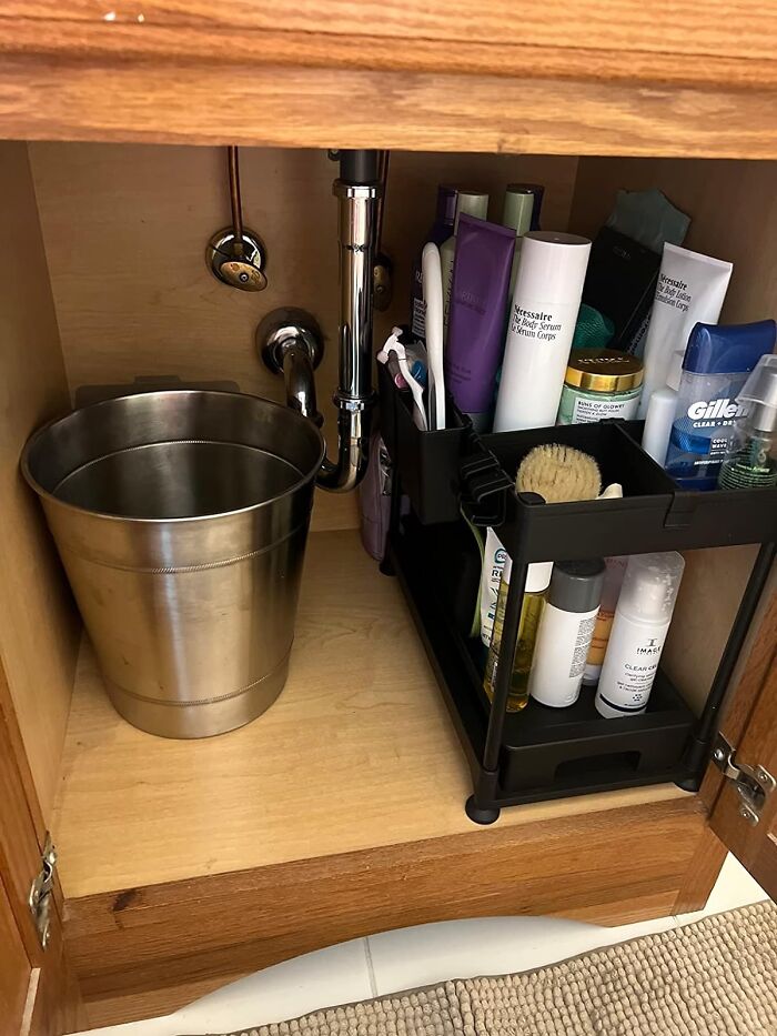 Vanquish Vanity Vexation: Double-Decker Storage Dreams Come True With Virtuous Shop's 2-Tier Under Sink Organizers, Complete With Hooks And Cups For A Clutter-Free Sanctuary!