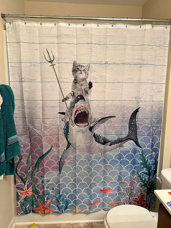 Keep Your Shower Times From Going 'Down-Drain'-Saur With The Funny Cat Riding Dinosaur Shower Curtain! Here's To The Clashing Worlds Of Cute Kittens And Ferocious Dinos In Your Bathroom