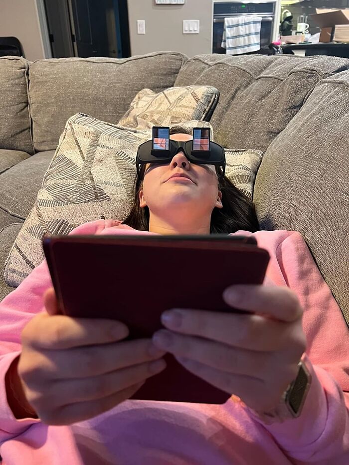 Let Me Guess. You Can't Even Bother To Hold Your Head Up To Read? Meet The Gamechanger: Lazy Readers Glasses 90 Degree Prism Glasses. Cunningly Bypassing The Rigors Of Gravity Since, Well, Now.