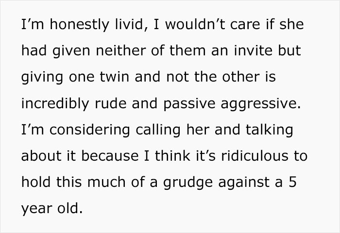 Mom Contemplates Confronting Woman Who Invited Only One Of Her Twins To Her Daughter’s Birthday