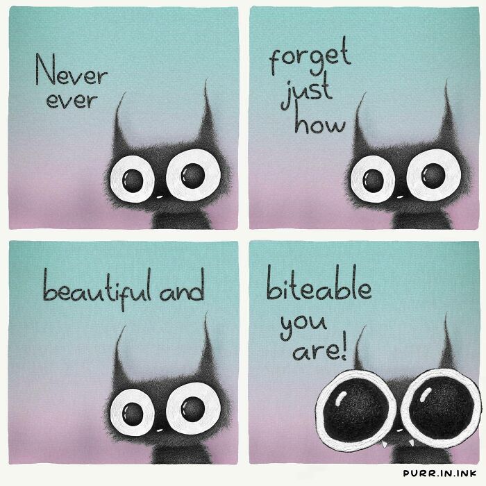 Illustration of a black cat with big eyes expressing a playful message in a colorful four-panel comic about cats.