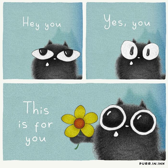 Black fluffy cat illustration with big eyes offering a yellow flower, capturing the essence of cats perfectly.