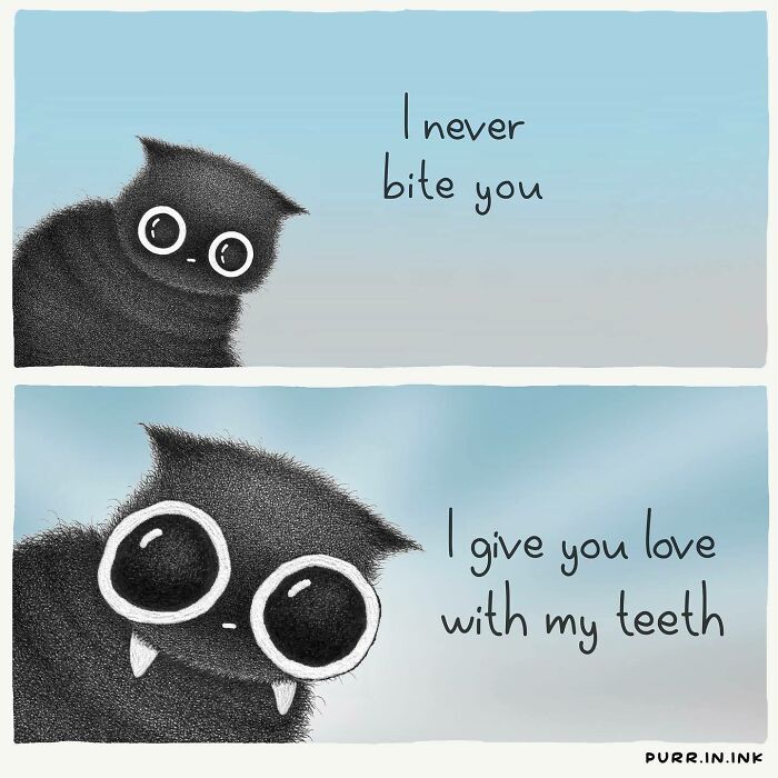 Illustration of a black cat with large eyes showing quirky behavior, capturing the essence of cats perfectly.