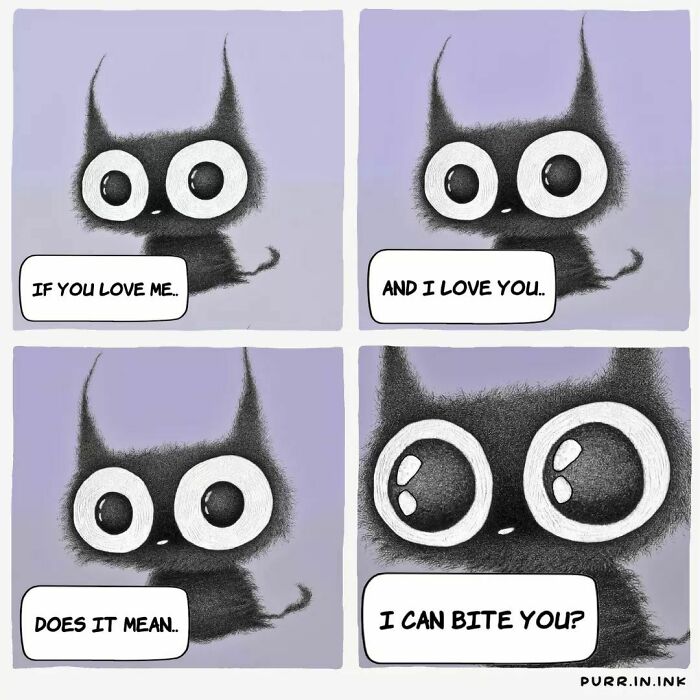Black cat illustration with big eyes in four panels, humorously capturing the essence of cats through expressive artwork.