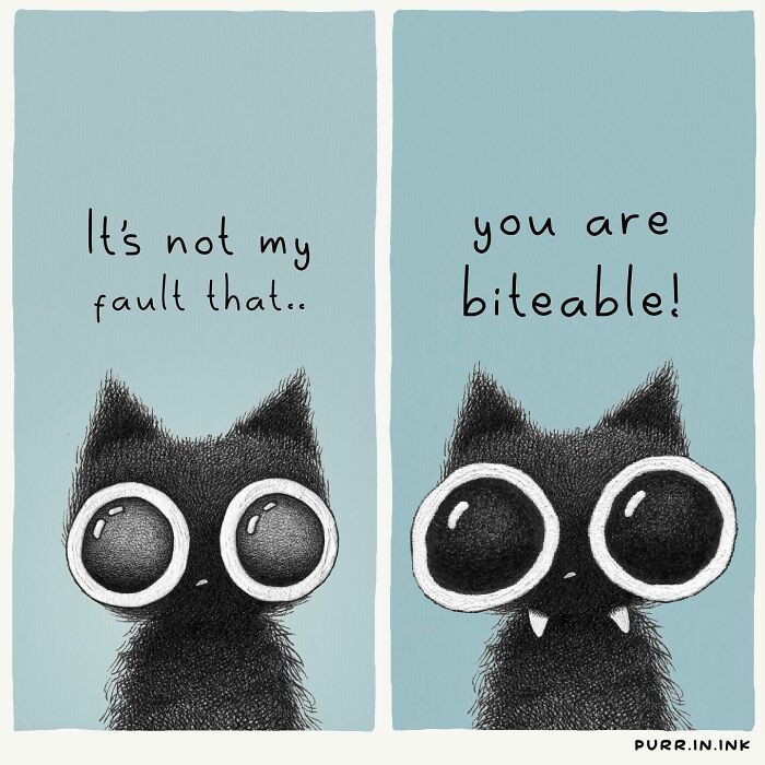 Black cat illustration with big eyes and fangs, humorously capturing the essence of cats in a playful comic style.