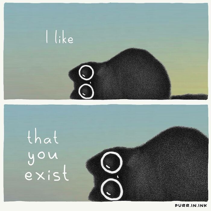 Illustration of a black cat with large eyes expressing affection, capturing the essence of cats perfectly in art style.