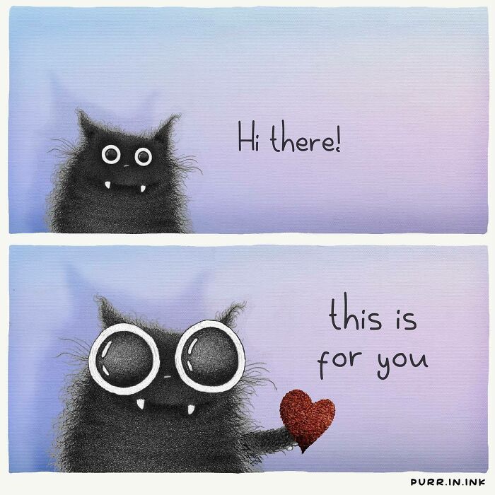 Whimsical cat illustration with big eyes and heart, capturing the essence of cats in a charming and playful style.