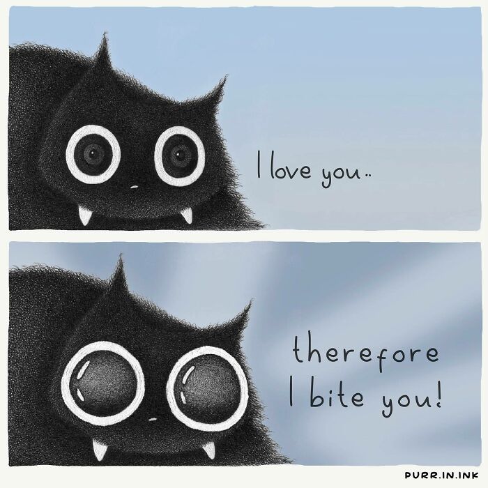 Illustration of a black cat with big eyes expressing love and playful biting, capturing the essence of cats perfectly.