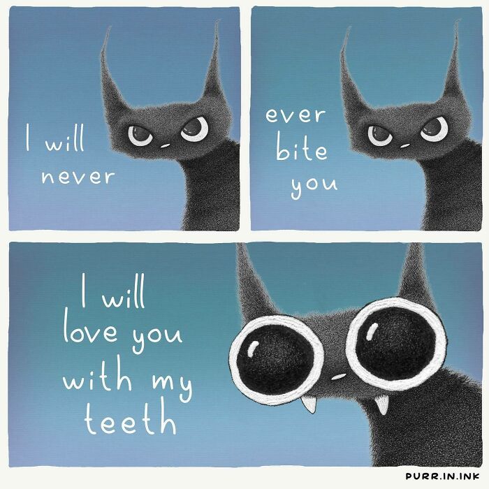 Illustration capturing the essence of cats with a black cat expressing love and playful biting in three panels.