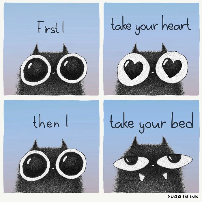 Illustration of a black cat with expressive eyes, capturing the essence of cats through charming artwork.