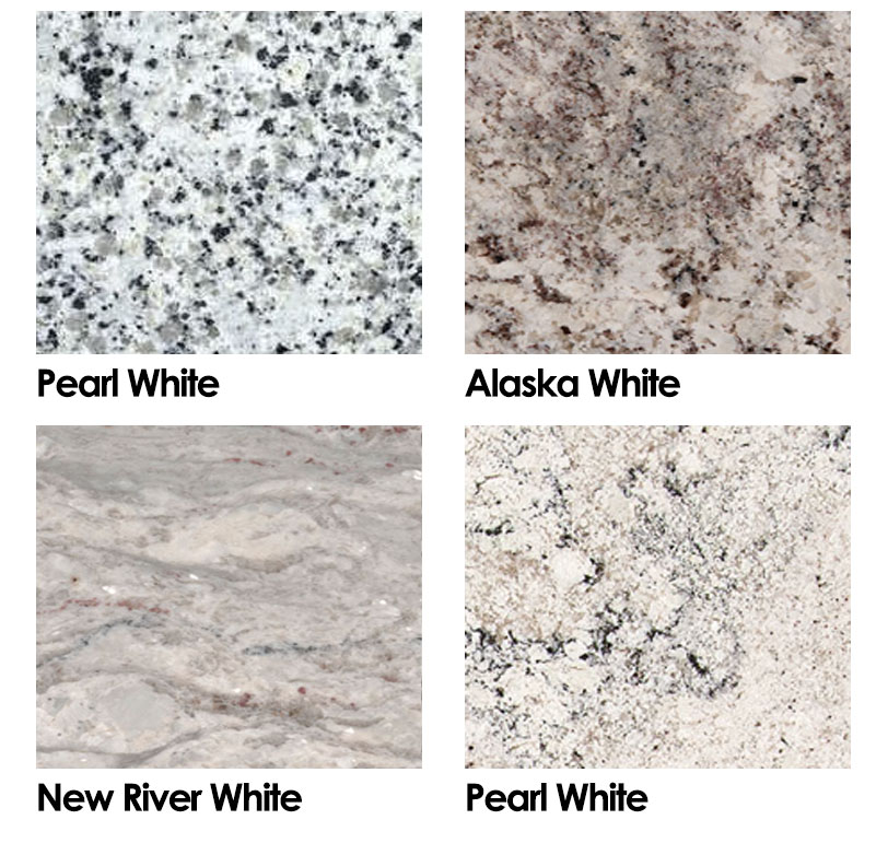 A collage of Pearl white, Alaska white, New river white, and Salinas white granite.