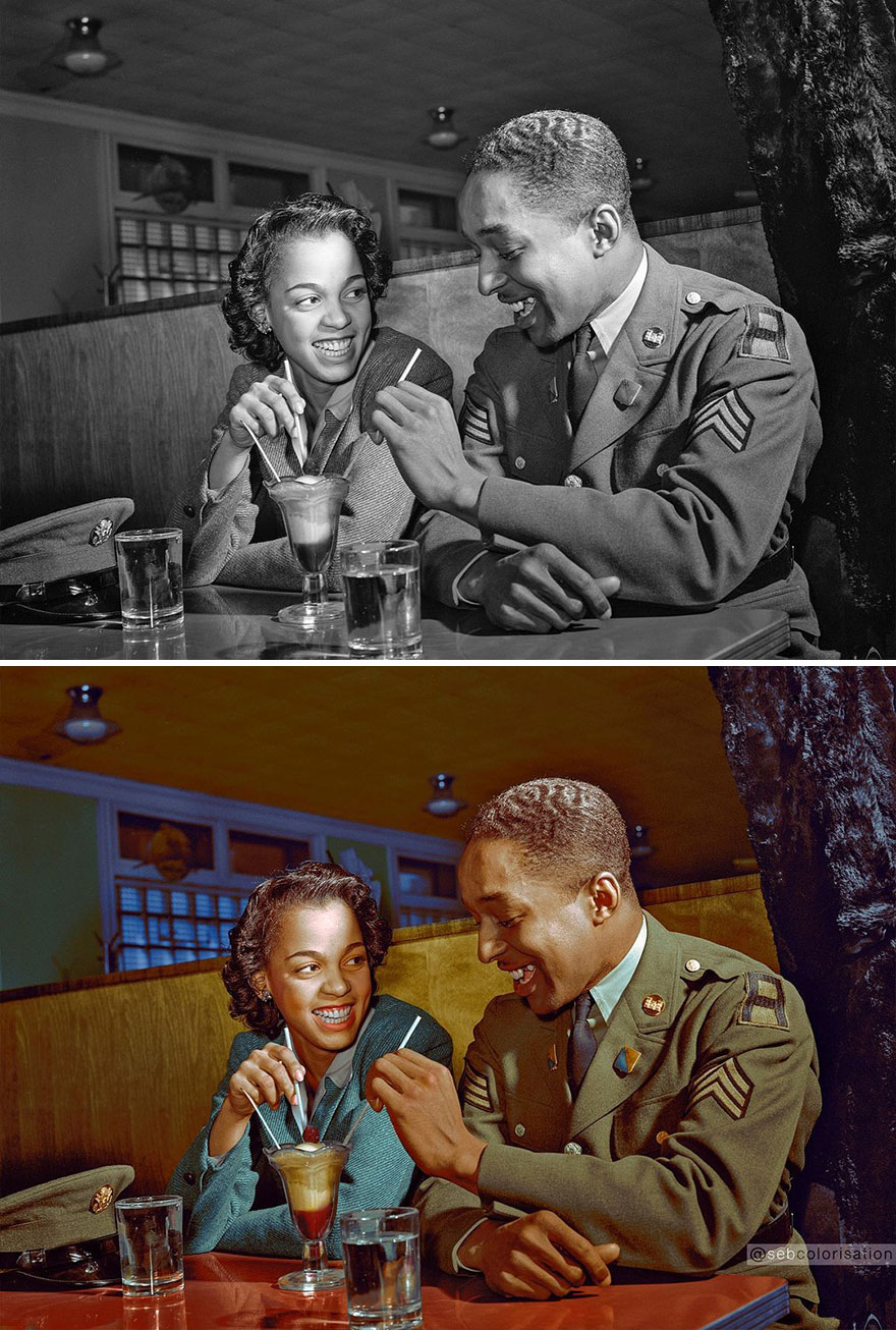 Sergeant Franklin Williams, Home On Leave From Army Duty, With His Girlfriend Ellen Hardin, Splitting An Ice Cream, Baltimore, Maryland, March 1942