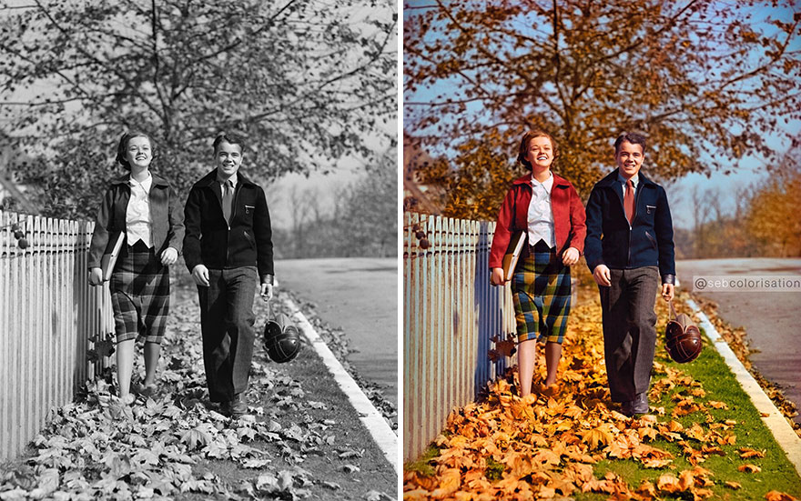 Teenagers Walking In The Fallen Leaves, 1940s