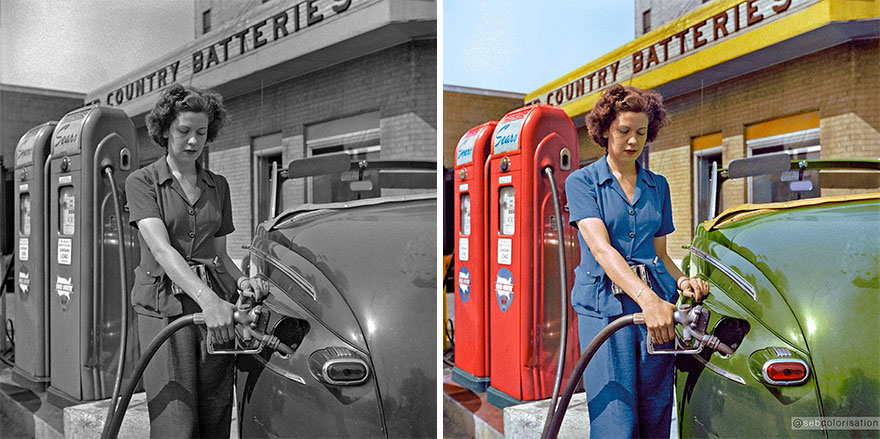 "Virginia Lively Used To Be A Beauty Operator. Today She Works At A Filling Station." Louisville, Kentucky, June 1943