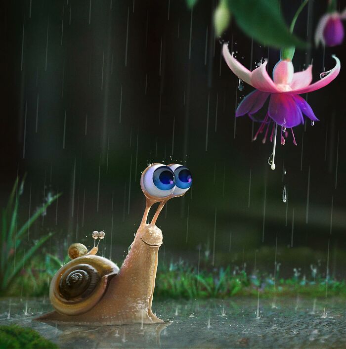Illustration Of A Snail In The Rain