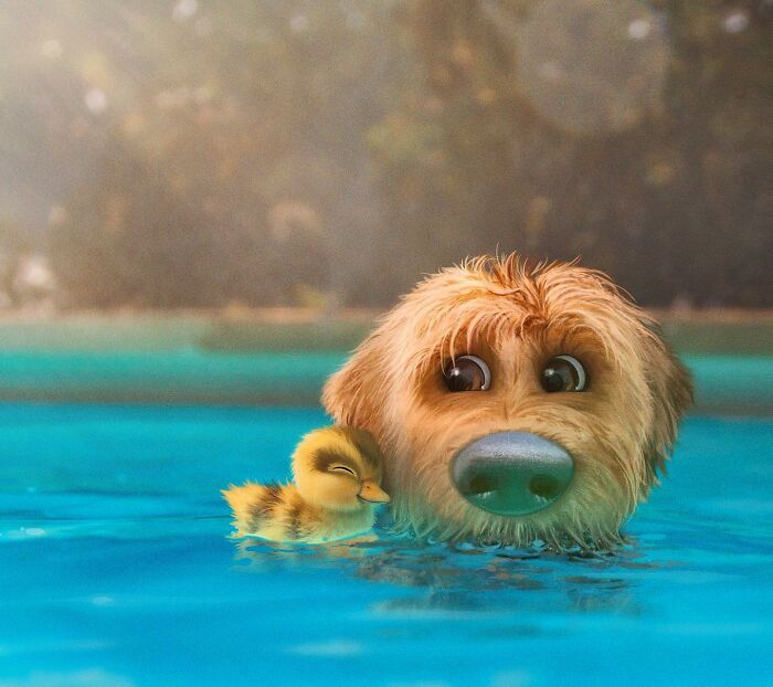 Illustration Of A Dog Swimming With A Little Duck