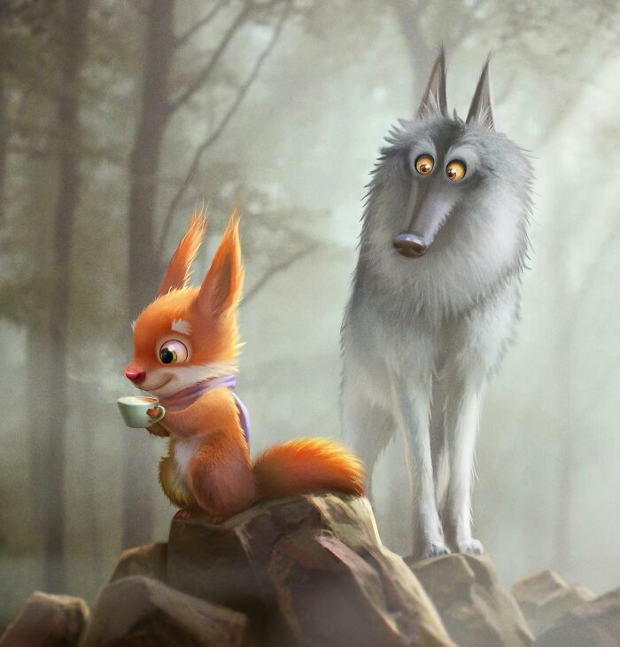Illustration Of A Squirrel And A Wolf