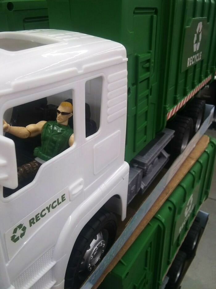Toy Recycling Truck With Oddly Military Off-Brand Action Figure Driver