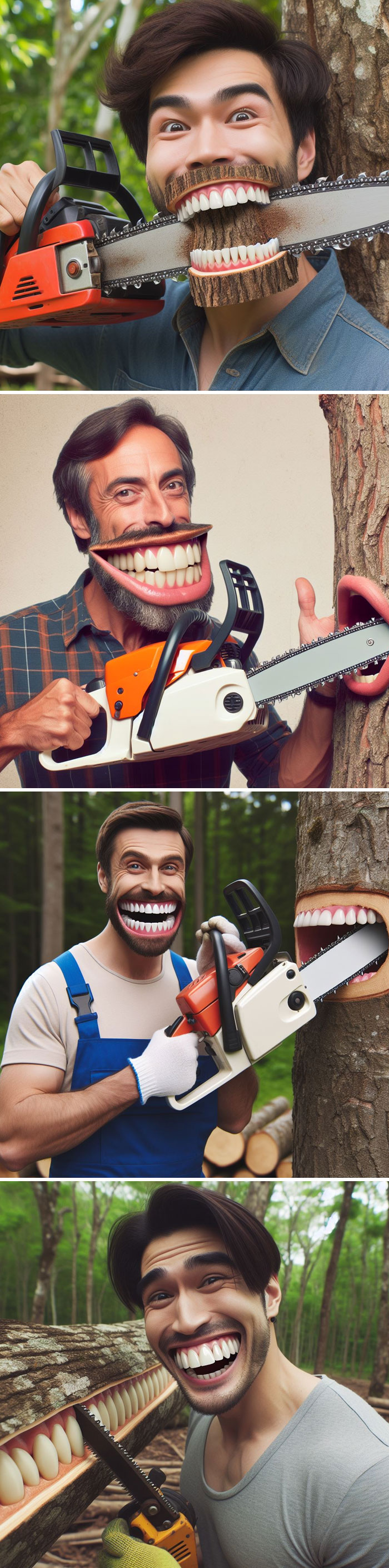 I Don't Usually Post My Failed Experiments, But This One Was So Amazing That I Couldn't Resist. My Prompt Was: "A Nice Man With A Chainsaw Growing From His Mouth. The Chainsaw Blades Look Like Teeth. He's Using It To Help Cut Down A Tree." I Was Prepared For It To Come Out A Bit Wrong And Require Tuning; I Was Not Prepared For The Incomprehensible Terrors That Simple Incantation Would Unleash Upon My Fragile, Mortal Psyche:
