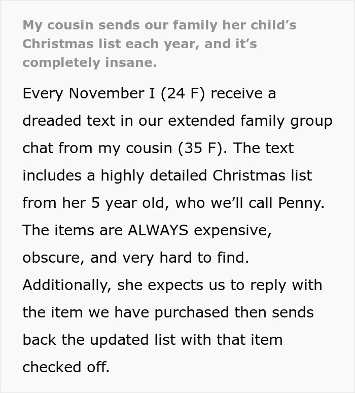 Aunt Refuses To Comply With Child’s Extravagant Christmas List: “It’s Completely Insane”