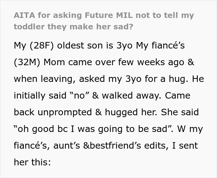Mom Gets Upset With MIL For Telling Her Toddler That It Would Make Her Sad If He Didn’t Hug Her