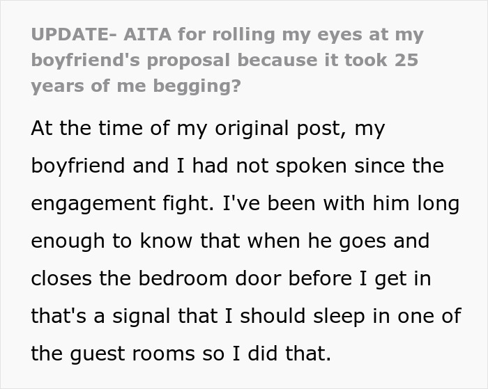 Text excerpt from a post discussing a boyfriend’s proposal after many years, met with an eye roll. Text excerpt from a post discussing a boyfriend’s proposal after many years, met with an eye roll.