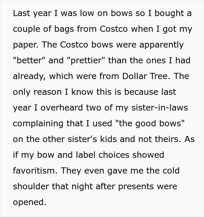 “No One Gets Bows This Year”: Woman Takes Petty Revenge On Entitled SILs “No One Gets Bows This Year”: Woman Takes Petty Revenge On Entitled SILs