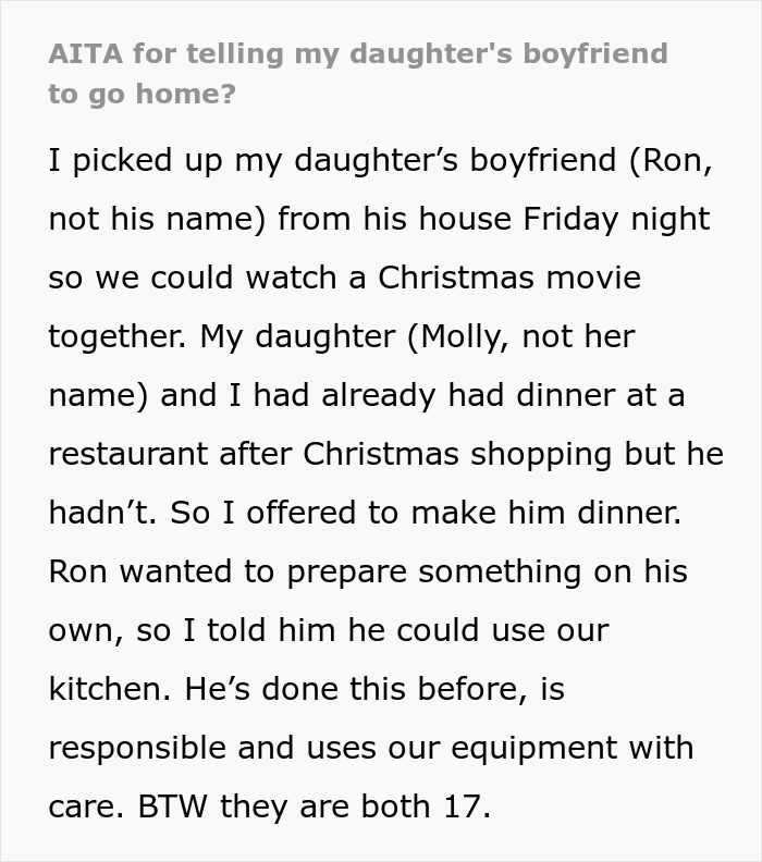 “Am I The Jerk For Telling My Daughter's Boyfriend To Go Home?” “Am I The Jerk For Telling My Daughter's Boyfriend To Go Home?”