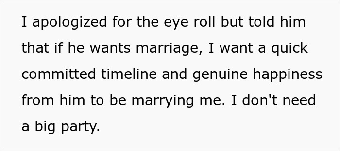 Text excerpt about a guy deciding to propose after 30 years and 4 kids, met with an eye roll. Text excerpt about a guy deciding to propose after 30 years and 4 kids, met with an eye roll.