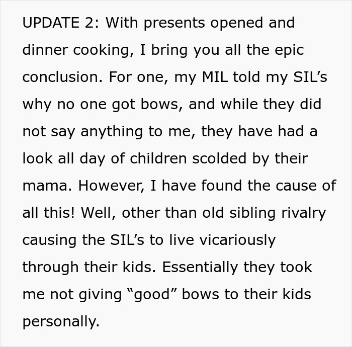 “No One Gets Bows This Year”: Woman Takes Petty Revenge On Entitled SILs “No One Gets Bows This Year”: Woman Takes Petty Revenge On Entitled SILs