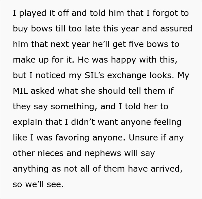 “No One Gets Bows This Year”: Woman Takes Petty Revenge On Entitled SILs “No One Gets Bows This Year”: Woman Takes Petty Revenge On Entitled SILs