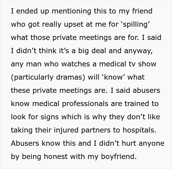 “AITA For Telling My Boyfriend What The Nurses Said To Me When They Took Me Into A Private Room?” “AITA For Telling My Boyfriend What The Nurses Said To Me When They Took Me Into A Private Room?”